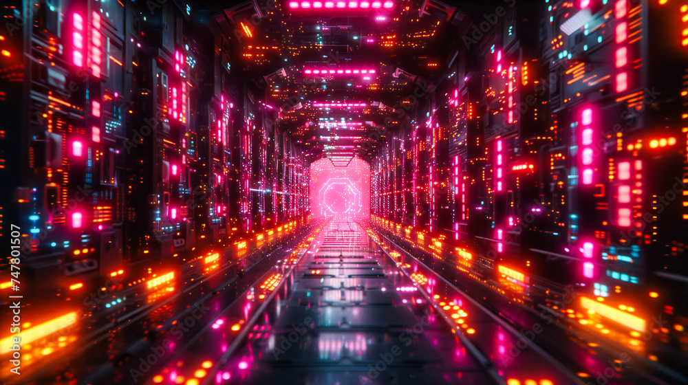 Fototapeta premium Modern Futuristic Tunnel with Neon Lights, Bright Blue Interior and Digital Design, Science Fiction and Technology Concept, Abstract and Stylish Space