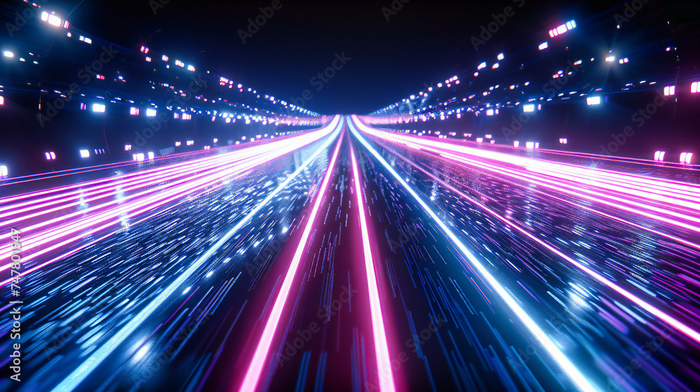 High-Speed Motion on Night Highway, Abstract Light Trails in Dark, Futuristic Transportation and Technology Concept