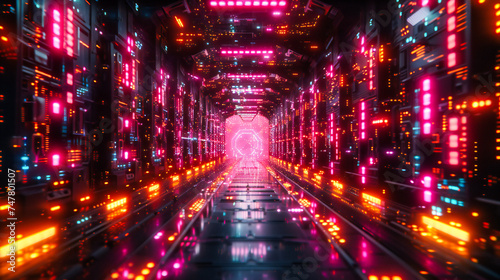 Modern Futuristic Tunnel with Neon Lights, Bright Blue Interior and Digital Design, Science Fiction and Technology Concept, Abstract and Stylish Space