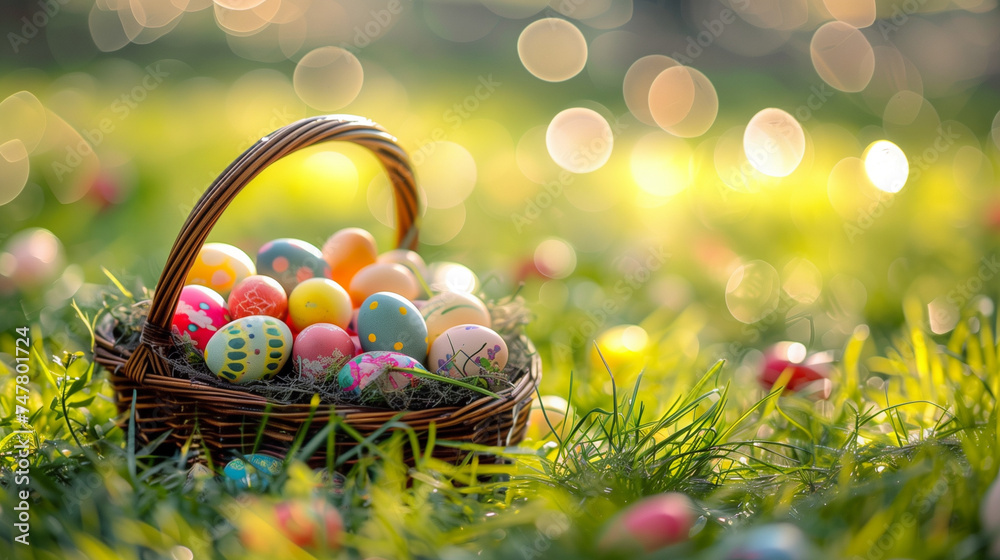 A basket full of easter eggs lying on the grass with a festive easter background, Ai Generated Images A basket full of easter eggs lying on the grass with a festive easter background, Ai Generated Images