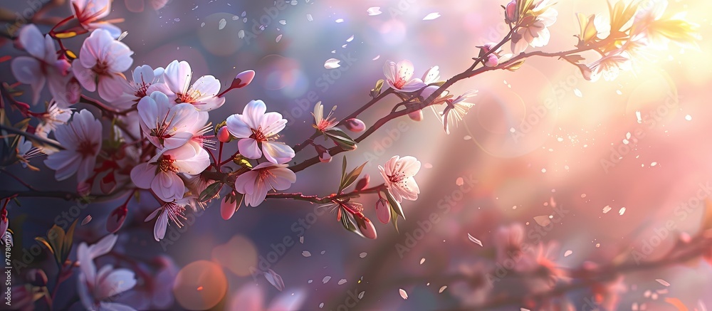 A close-up view showcasing the vibrant colors of a blooming flower on a cherry tree branch. The delicate petals are in full bloom, capturing the beauty of spring in full detail.