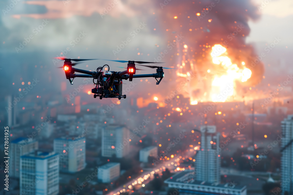 Copter drone above city with large explosion at day time. Neural network generated image. Not based on any actual scene or pattern. Copter drone above city with large explosion at day time. Neural network generated image. Not based on any actual scene or pattern.