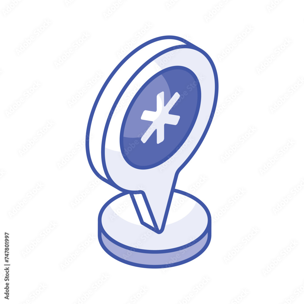 Medical sign inside map pin denoting concept isometric icon of hospital location Medical sign inside map pin denoting concept isometric icon of hospital location