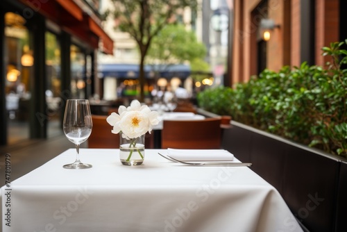 Tranquil cafe scene with empty table and crisp white tablecloth for serene moment