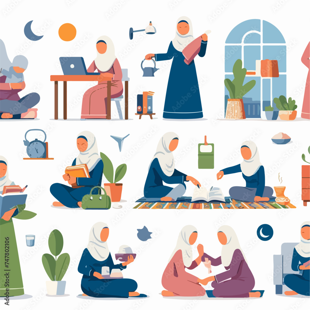 illustration of a muslim woman doing one activity, flat minimalist and realistic illustration of a muslim woman doing one activity, flat minimalist and realistic