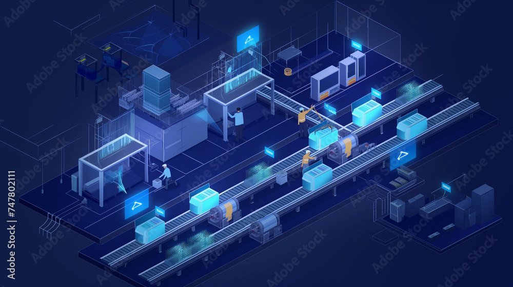 3D vector illustration, production line with workers, automation and user interface concept. Users connect to tablets and share data. 3D vector illustration, production line with workers, automation and user interface concept. Users connect to tablets and share data.