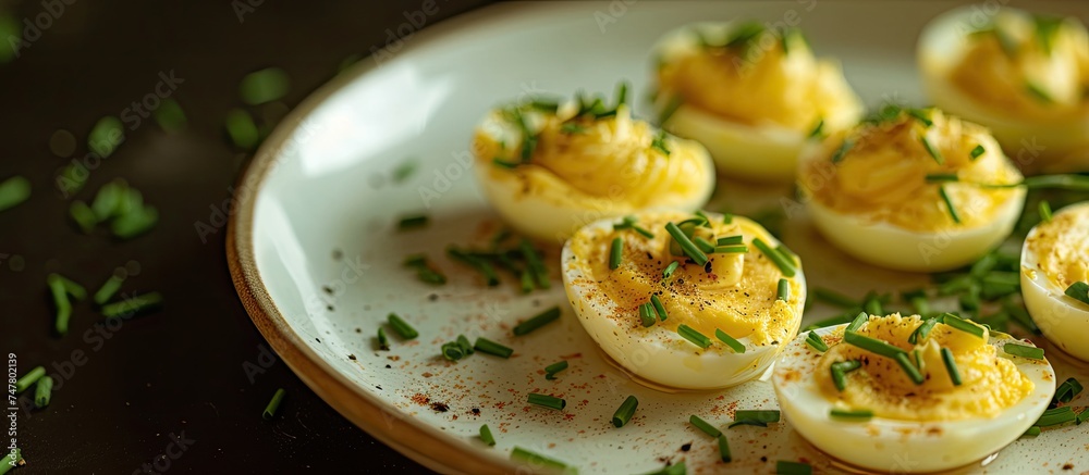 A plate showcasing deviled eggs topped with fresh chives. The creamy egg filling is garnished with finely chopped green chives, adding a pop of color and flavor to the dish. A plate showcasing deviled eggs topped with fresh chives. The creamy egg filling is garnished with finely chopped green chives, adding a pop of color and flavor to the dish.