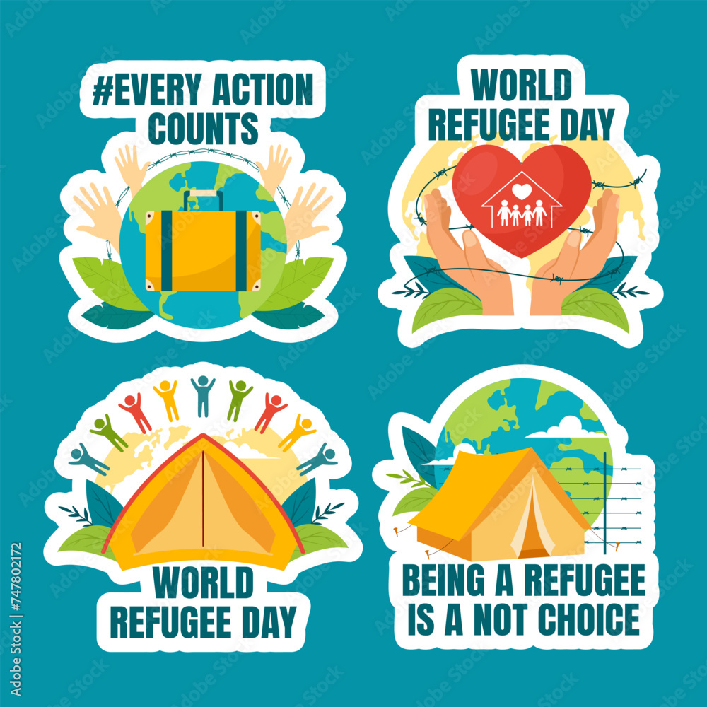 Naklejka premium Refugee Day Label Flat Cartoon Hand Drawn Templates Background Illustration