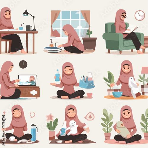illustration of a muslim woman doing one activity, flat minimalist and realistic