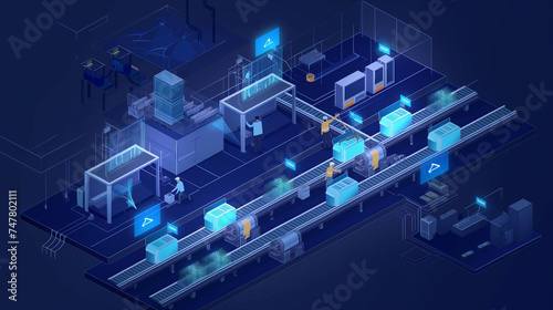 3D vector illustration, production line with workers, automation and user interface concept. Users connect to tablets and share data.