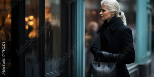 Elegant Blonde Woman with Designer Leather Handbag in City