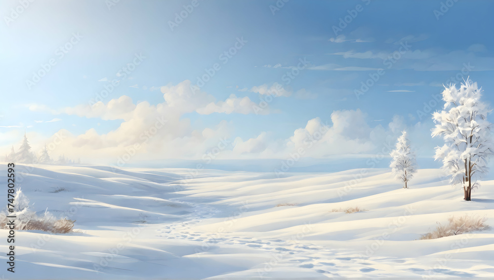 Winter snowy valley landscape with trees. Flat landscape. Snowy background. Clear blue sky. Cold weather. Winter season background.