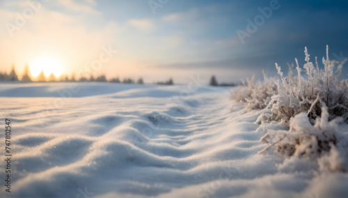 Beautiful scenery of winter background of snow and frost with free space on the morning. photo