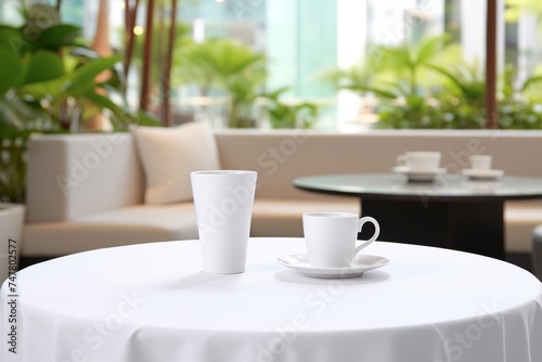 Tranquil cafe scene. empty table set with fresh white tablecloth for serene and relaxing moment
