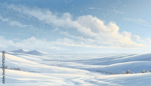 Snow covered mountains. Flat landscape. Snowy background. Snowdrifts. Clear blue sky. Cold weather. Winter season background.