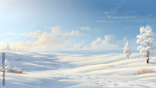 Winter snowy valley landscape with trees. Flat landscape. Snowy background. Clear blue sky. Cold weather. Winter season background. © EPDICAY