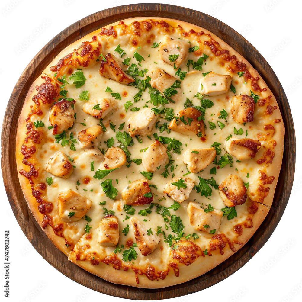 Top view of a full Chicken Alfredo pizza on a circular wooden tray isolated on a white background Top view of a full Chicken Alfredo pizza on a circular wooden tray isolated on a white background