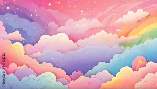 Rainbow background with clouds and stars. Pastel color sky. Magical landscape, abstract fabulous pattern. Cute wallpaper illustration.
