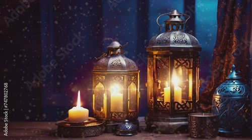 Animation of islamic arabic lantern lights. Ramadan and Eid al-Fitr mubarak background. Islamic arabic footage design.