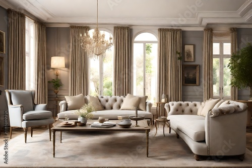 an elegant sitting area with sofas in classic designs and muted colors  achieving a timeless and refined ambiance in the heart of the home.