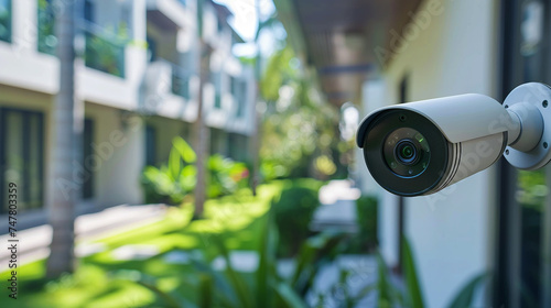Surveillance camera outside a residence for remote home monitoring and security. Concept Home Surveillance, Remote Monitoring, Security Camera, Residential Security, Outdoor Monitoring 