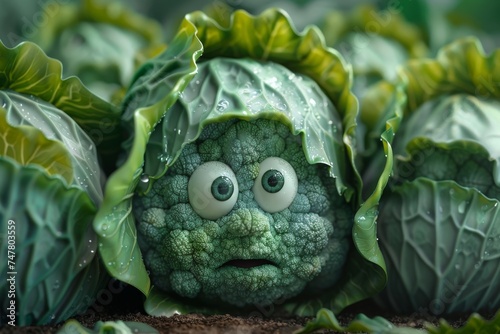Scared 3d cartoon cabbage in a garden bed