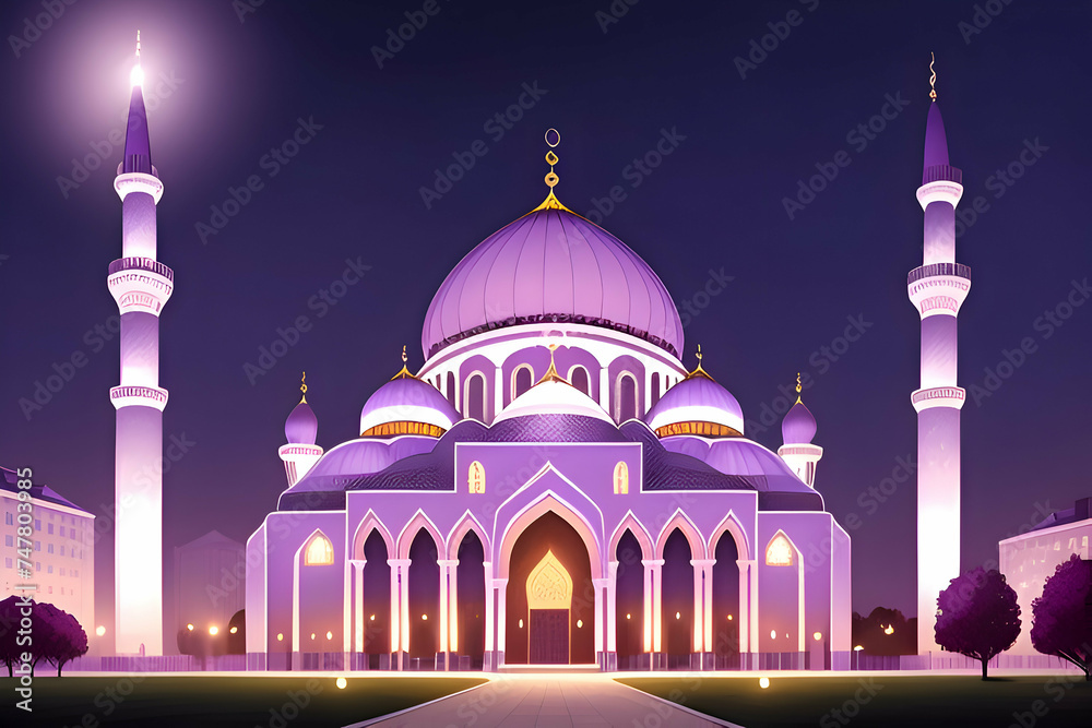 Obraz premium Beautiful and colorful illustration of a mosque with trees, flowers and peaceful sky, amazing, serene, tranquil, vibrant