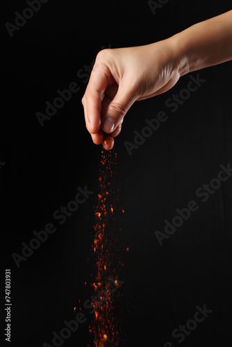Hand holding cayenne pepper on black background © seksanwangjaisuk