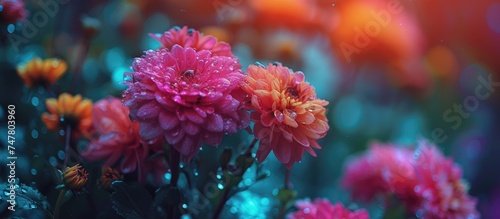 A cluster of colorful flowers lying in the lush green grass in a natural outdoor setting. The vibrant petals contrast beautifully with the earthy tones of the grass.