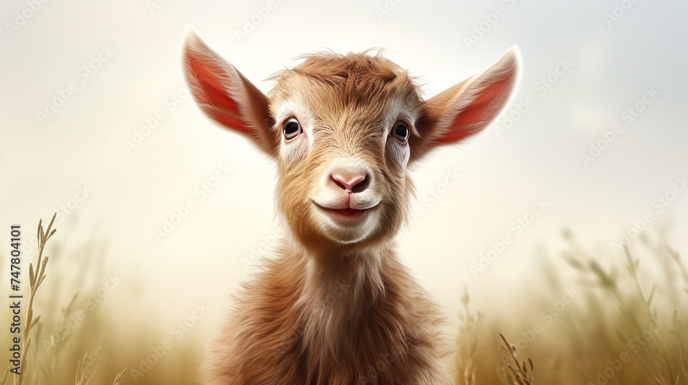 Fototapeta premium illustration of a cute brown furry goat kid isolated on a white background