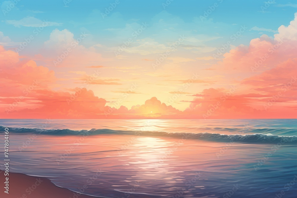 A serene beach sunset scene with text space over the horizon - obrazy, fototapety, plakaty 