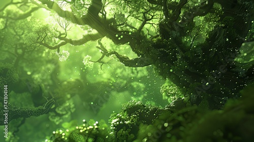 Explore a green world with a tree background. 