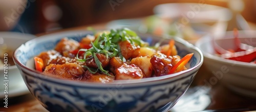 This close-up shot showcases a bowl filled with delicious Chinese cuisine resting on a table. The meal exudes authenticity and offers a taste of traditional Chinese flavors.