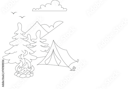 Camping coloring book page for children