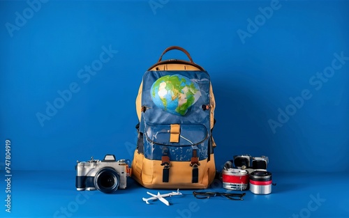 Tourist planning vacation with the help of world map with other travel accessories around