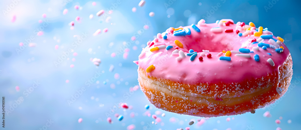 donut with pink glaze and rainbow sprinkles flying in the sky donut with pink glaze and rainbow sprinkles flying in the sky