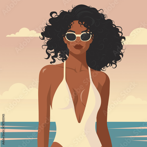 Vector flat fashion illustration of a young African woman in sunglasses and swimsuit standing in the water.
