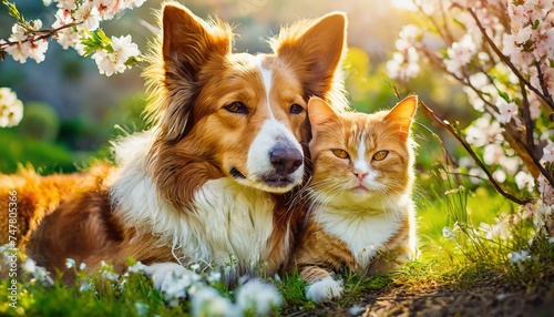Harmony in Nature: Adorable Dog and Cat Cuddling Amidst Spring's Sunny Splendor"