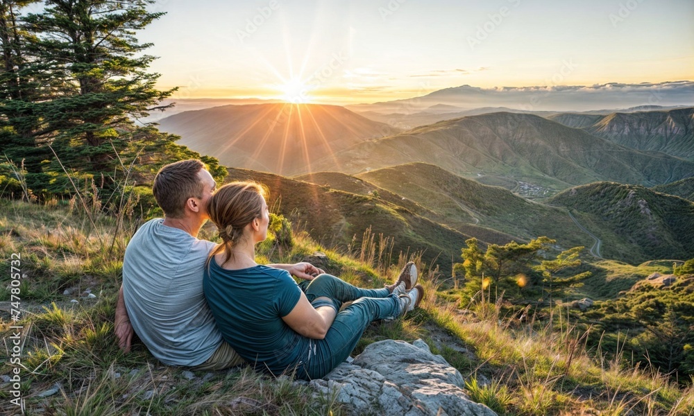 A man and woman sit on a grassy hillside, watching the sun rise over the mountains.
