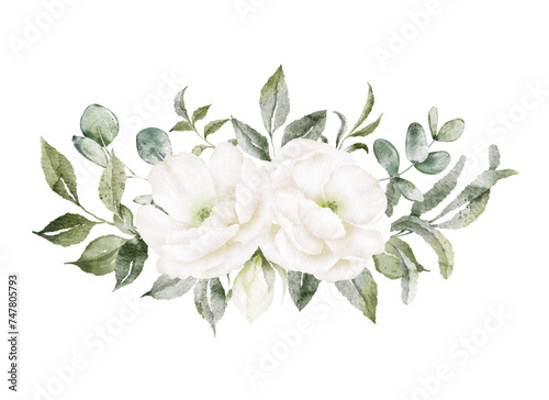 Watercolor white flowers bouquet  arrangement  floral elements of peony  rose  garden  green leaves  branches  Botanic illustration isolated on white background for wedding design PNG
