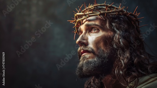 A man with a crown of thorns on his head, representing the suffering of Jesus Christ in Christian faith. Symbolizes the crucifixion and sacrifice of Jesus for humanitys sins