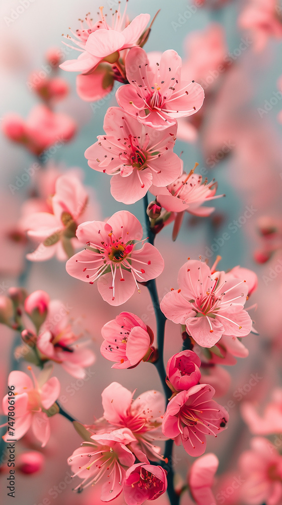 Spring Wallpaper for Mobile Phone: Branch of Blooming Cherry Blossoms, Bokeh Style, Sky in the Background: Perfect for Adding a Touch of Springtime Serenity to Your Phone Screen.