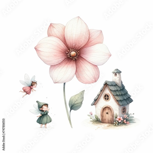 Fairy garden with tiny house, flower, and tiny creature. watercolor illustration, Fairy House Watercolor Fantasy Clipart. 