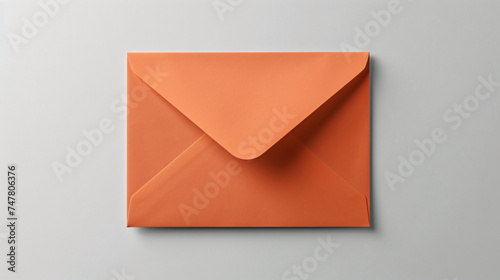 Overhead photo of bright orange envelope isolated on the grey background