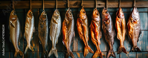 Assorted Smoked Fish Hanging on a Line