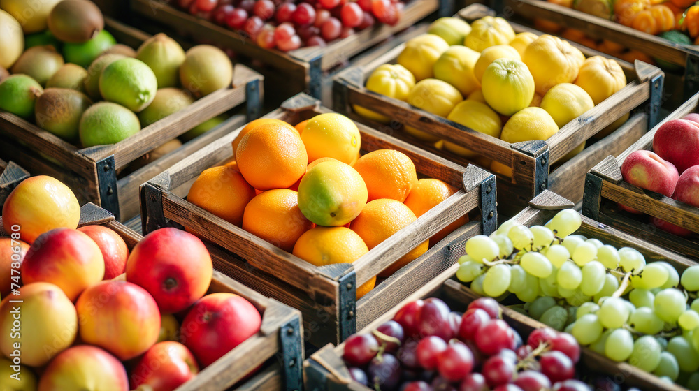 Assorted Fruits Packed in Three Wooden Crates at the Market Assorted Fruits Packed in Three Wooden Crates at the Market