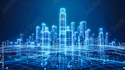 Future City Network and Digital Skyscrapers, Technology and Urban Communication, Modern Abstract Design and Blue Energy, Futuristic and Innovative Concept