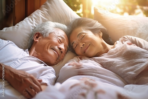 An elderly Asian man and woman are laying side by side in bed, showing love and companionship