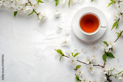 A cup of tea is on top a white table with blossoming floral branches. Neural network generated image. Not based on any actual scene or pattern.