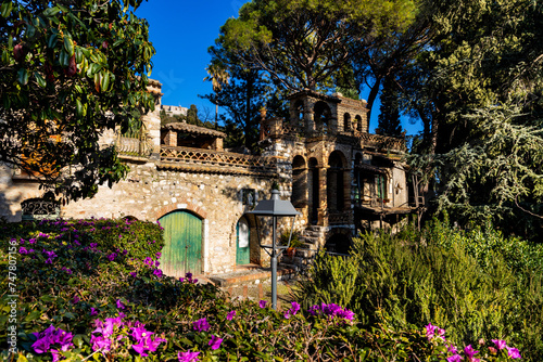 Villa Comunale Taormina Parco Florence Trevelyan public park with Victorian Follies eclectic oriental pavilions in Messina region of Sicily in Italy photo